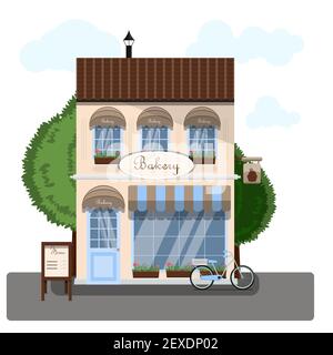 Vektorgrafik Backwaren außen. Flaches Design der Fassade. Café-Gebäude-Konzept. Hellbraunes, zweistöckiges Restaurant im europäischen Stil Stock Vektor