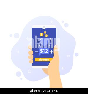 Spende App, Telefon in der Hand, Vektor-Kunst Stock Vektor