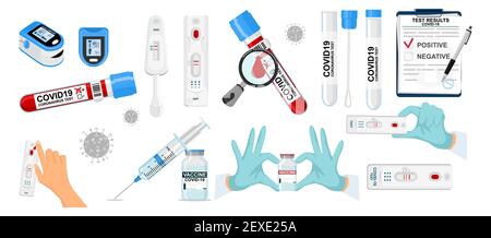 Virus- und COVID-19-Test und Selbsttest-Kit mit Laborblutteströhrchen. Prävention von Coronavirus., Herzfrequenzkontrolle. Heimtests und Stock Vektor