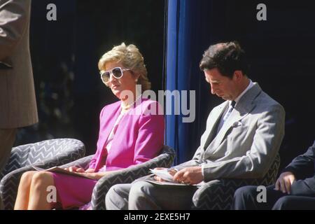 Datei Foto vom 30/01/88 des Prinzen und der Prinzessin von Wales in der Sonne von Wollongong, südlich von Sydney, als das königliche Paar das Illawarra International Performing Arts Center eröffnete. Als sich die bitteren Folgen des Megxit verschärften, wurden die Schwierigkeiten der Monarchie als Walesenkrieg 2,0 bezeichnet. Stockfoto