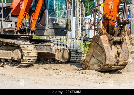 Nahaufnahme des Baggerschaufels. Stockfoto