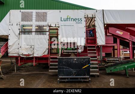 Landwirtschaftliche Maschinen für die Karottenernte in der Luffness Mains Farm, East Lothian, Schottland, Großbritannien Stockfoto
