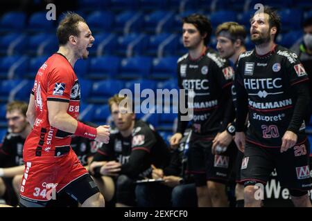 Kassel, Deutschland. März 2021, 04th. Handball: Bundesliga, MT Melsungen - HC Erlangen, Matchday 20 in Rothenbach-Halle. Melsungen Kai Häfner Gesten. Quelle: Swen Pförtner/dpa/Alamy Live News Stockfoto