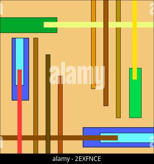 Abstrakte Komposition aus mehrfarbigen vertikalen und horizontalen Streifen, Rechtecken. Hellbrauner Hintergrund. Geometrisches symmetrisches Muster. Vektor EPS10 Stock Vektor