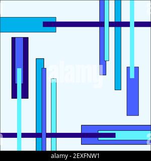 Blau gestreifter Hintergrund. Geometrische Komposition aus Stäben, Streifen und Rechtecken. Flaches Grafikmuster, Kopierbereich. Abstrakte Vektorvorlage. EPS10 Stock Vektor