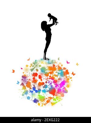 Abstraktion. Mama hält das Baby in ihren Armen. Vektorgrafik Stock Vektor