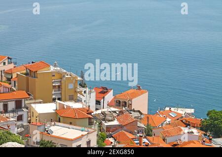 Blick auf Kavala Stadt mit Ägäis, Nordgriechenland. Stockfoto