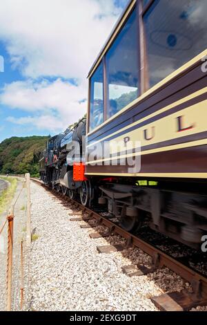 England, Devon, GWR Dampflokomotive Nr. 7827 'Lydham Manor', Abfahrt von Kingswear mit der Dartmouth Steam Railway Stockfoto