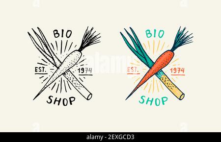 Gemüse-Logo. Karotten mit Kräutern . Vegetarisches Konzept. Bio Vegan Label. Farmelement. Vektor-Abzeichen für Aufkleber oder T-Shirt oder Menü in einem Stock Vektor