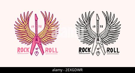 E-Gitarre mit Flügeln. Engelsinstrument. Rock and Roll-Musiklogo. Heavy Metal Schablone für Design T-Shirt, Nachtparty und Festival. Von Hand gezeichnet Stock Vektor