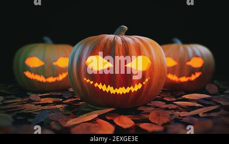 Gruselige Kürbisse an Halloween. 3D gerenderte Abbildung. Stockfoto