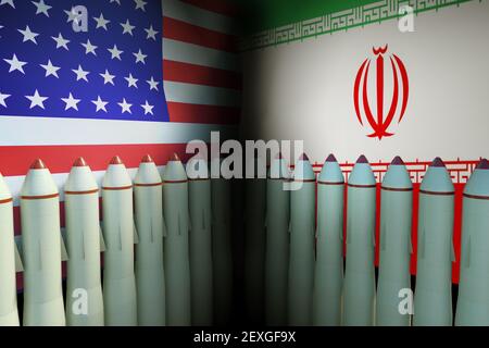 USA und Iran militärischen Konflikt. Viele Raketen vor amerikanischen und iranischen Flaggen. Stockfoto