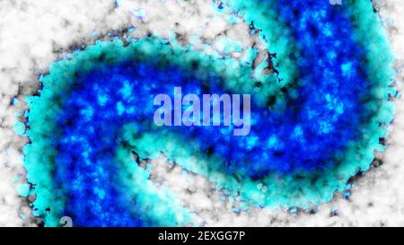 Abstrakte Malerei mit dunklem Hintergrund. Pinselstriche in weiß, blau und grün. Marmorstruktur. Farben der alkoholischen Tinte. 4K. Stockfoto