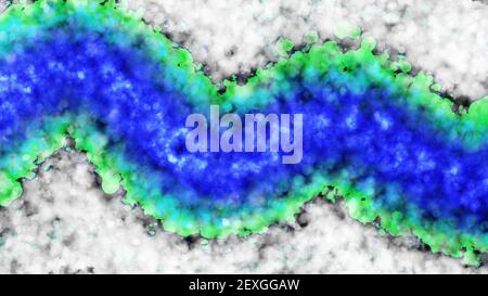 Abstrakte Malerei mit dunklem Hintergrund. Pinselstriche in weiß, blau und grün. Marmorstruktur. Farben der alkoholischen Tinte. 4K. Stockfoto