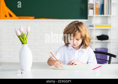 Schuljunge macht Hausaufgaben. Schulkind gegen grüne Tafel. Macht sich bereit für die Schule. Stockfoto