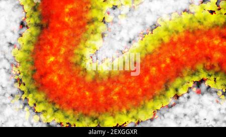 Abstrakte Malerei mit dunklem Hintergrund. Pinselstriche in weiß, gelb und rot. Marmorstruktur. Farben der alkoholischen Tinte. 4K. Stockfoto