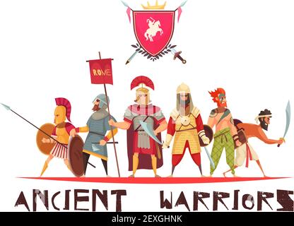 Antike Krieger Konzept mit Waffen und Flaggen flache Vektor-Illustration Stock Vektor