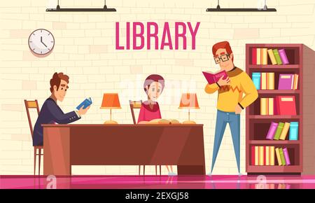 Menschen Bücher lesen in Bibliothek Hintergrund mit Bücherregal flachen Vektor Abbildung Stock Vektor