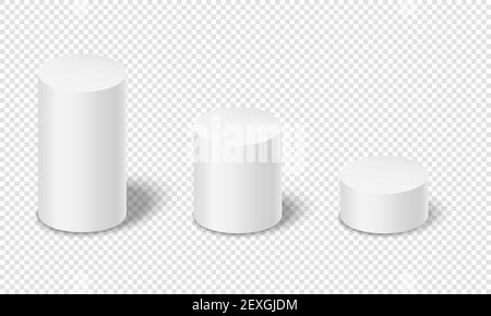 Weiße Zylinder mit Schatten isoliert auf transparentem Hintergrund. 3D geometrische Formen. Produktpodien, leere Plattformen. Vektor realistische Illustration. Stock Vektor