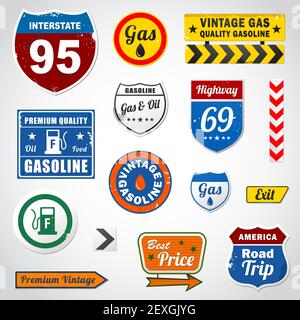 Set von Vintage Benzin Retro-Schilder und Etiketten Stockfoto