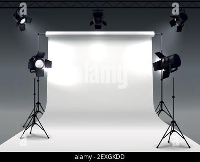 Spotlights realistische Komposition mit Cyclorama und Studio Spot Lichter hängen Auf Rolle und auf Ständer montiert Vektordarstellung Stock Vektor