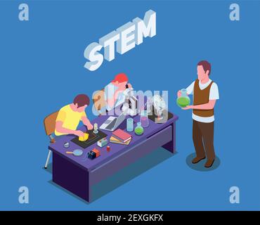 MINT Bildung isometrische Komposition mit Text und menschlichen Charakteren Schüler und Lehrer Durchführung von Laborstudien Vektor Illustration Stock Vektor