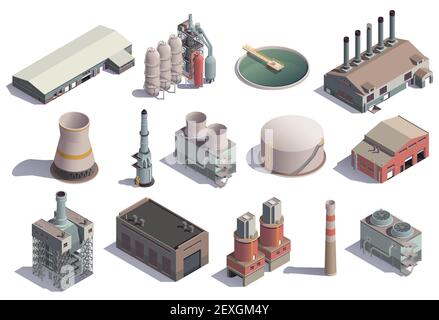 Industrielle Gebäude isometrische Symbole mit isolierten Bildern der Fabrik gesetzt Einrichtungen für verschiedene Zwecke mit Schatten Vektor Illustration Stock Vektor