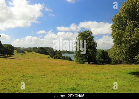 Blick über den Fluss Fal von den Trelissick Wiesen Gärten Stockfoto