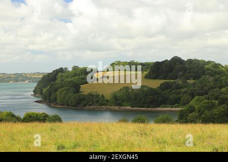 Blick über den Fluss Fal von den Trelissick Wiesen Gärten Stockfoto