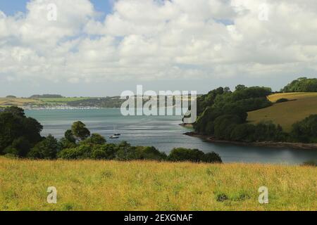 Blick über den Fluss Fal von den Trelissick Wiesen Gärten Stockfoto