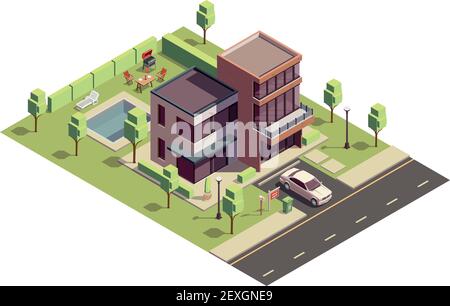 Suburbianische Gebäude isometrische Zusammensetzung mit Blick über private Wohngebäude Gebäude mit Auto und Hinterhof Pool Vektor-Illustration Stock Vektor