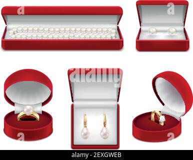 Set aus realistischem Schmuck aus Gold mit Perle und Edelstein In roten Feldern isolierte Vektordarstellung Stock Vektor