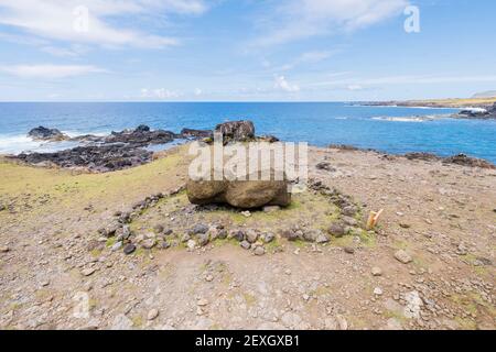 Ein verwitterter gestürzten Moai, der auf dem Boden in einem liegt Ring aus Steinen und Felsen bei Ahu Akahanga auf dem südküste der Osterinsel (Rapa Nui) Chile Stockfoto