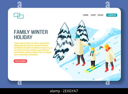 Familie Eltern und Kind auf Ski beim Wandern im Winter Feiertage isometrische Web Landing Page Vektor-Illustration Stock Vektor