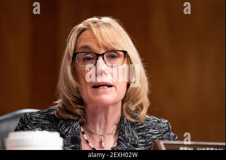 US-Senatorin Maggie Hassan (D-NH) spricht bei einer Anhörung des Senats für innere Sicherheit und Regierungsangelegenheiten. Stockfoto