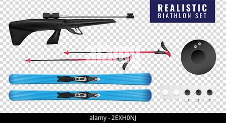 Farbiger realistischer Biathlon transparent horizontal Icon Set mit Pistole Und Zielvektordarstellung Stock Vektor