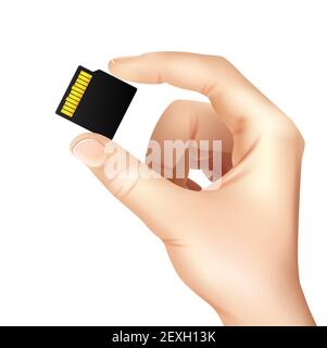 Realistische Speicherkarte sim in den Händen Zusammensetzung Mann mit einem Karte in seiner Hand Vektor-Illustration Stock Vektor