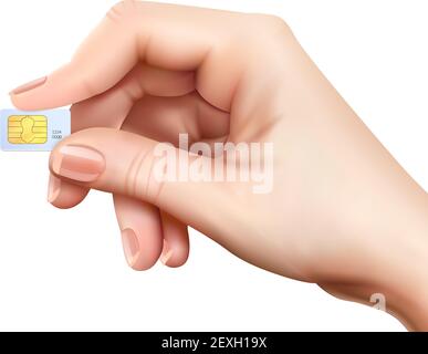 Realistische sim-Karte Hand Zusammensetzung mit wenig Plastikkarte in Hand auf weißem Hintergrund Vektor-Illustration Stock Vektor