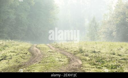 Leere gebogene Landstraße am frühen Morgen Dunst helles Licht Querformat Stockfoto