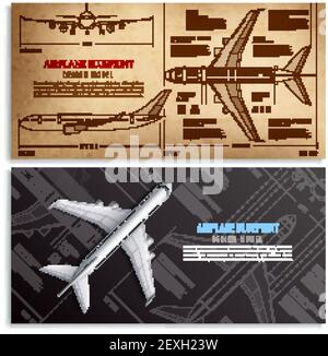 Flugzeug Blaupause zwei horizontale Banner mit dimensionierter Zeichnung des Passagiers Flugzeug realistische Vektor-Illustration Stock Vektor