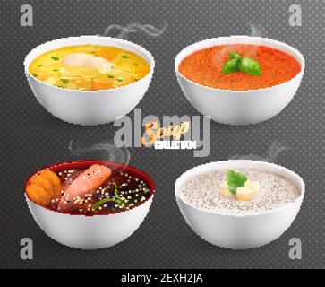 Sammlung von vier Schüsseln mit heißer Suppe und Suppenpüree Mit viel Grün Zwieback und Dekorationen isoliert Vektor-Illustration Stock Vektor