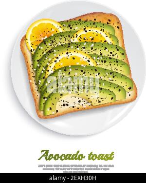 Frisch geröstetes Brot mit Scheiben reifer Avocado und Zitrone Auf weißer Platte realistische Design Konzept Vektor-Illustration Stock Vektor