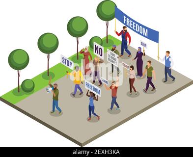 Aktivisten isometrische Komposition mit Gruppe von Menschen mit Plakaten Lautsprecher Auf Stadt Straße Hintergrund Vektor-Illustration Stock Vektor