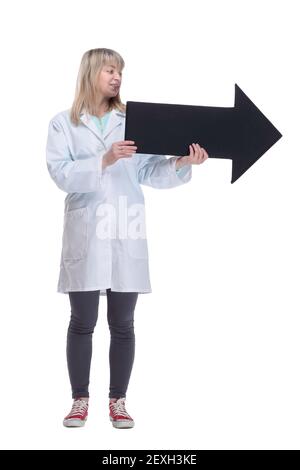 Weibliche Medic zeigt in die richtige Richtung. Isoliert auf weißem Hintergrund. Stockfoto