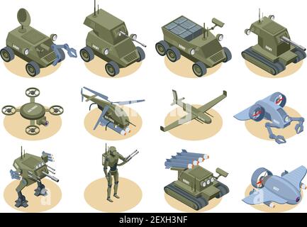 Militärische Roboter isometrische Symbole Satz von Unterwasser-Roboter sapper Luft Drohnen Shooter Panzer und Lastwagen isoliert Vektor-Illustration Stock Vektor