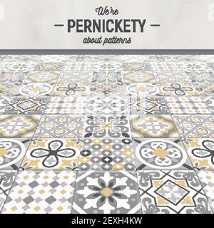 Realistische Keramik Bodenfliesen Hintergrund mit bearbeitbaren Text und Keramik Furnier mit verschiedenen Mustern und Bildern Vektorgrafik Stock Vektor