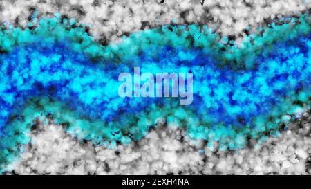 Abstrakte Malerei mit dunklem Hintergrund. Pinselstriche in weiß, blau und grün. Marmorstruktur. Farben der alkoholischen Tinte. 4K. Stockfoto