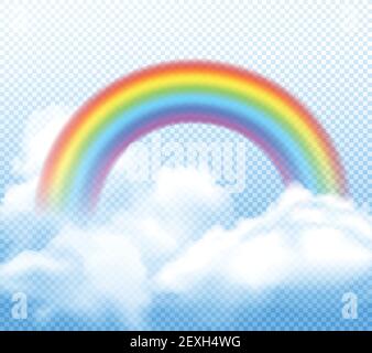 Realistischer heller Regenbogen mit weißen flauschigen Wolken Komposition auf transparent Vektordarstellung im Hintergrund Stock Vektor