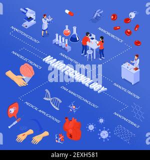 Farbige isometrische Nanotechnologie Flussdiagramm mit Nanoelektronik Nanorobotik Nanofiltration und medizinische Anwendungsbeschreibungen Vektordarstellung Stock Vektor