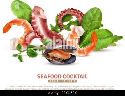 Appetitliche Meeresfrüchte Cocktail-Zutaten Nahaufnahme realistische Zusammensetzung Poster mit Garnelen octopus Tentakeln Muschel Basilikum Blätter Vektor-Illustration Stock Vektor